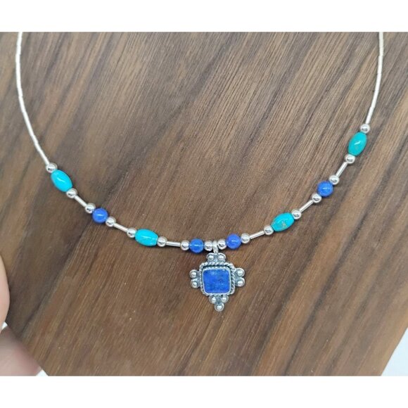 QT Sterling Quoc Jewelry - Vtg QT Sterling Quoc Silver Turquoise & Lapis Beaded Necklace Southwest Native